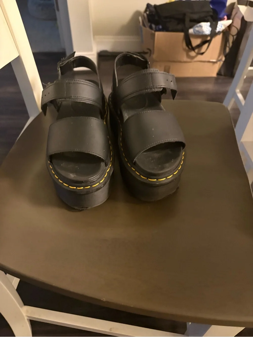 Dr. Martens Black Leather Platform Sandals with Yellow Stitching